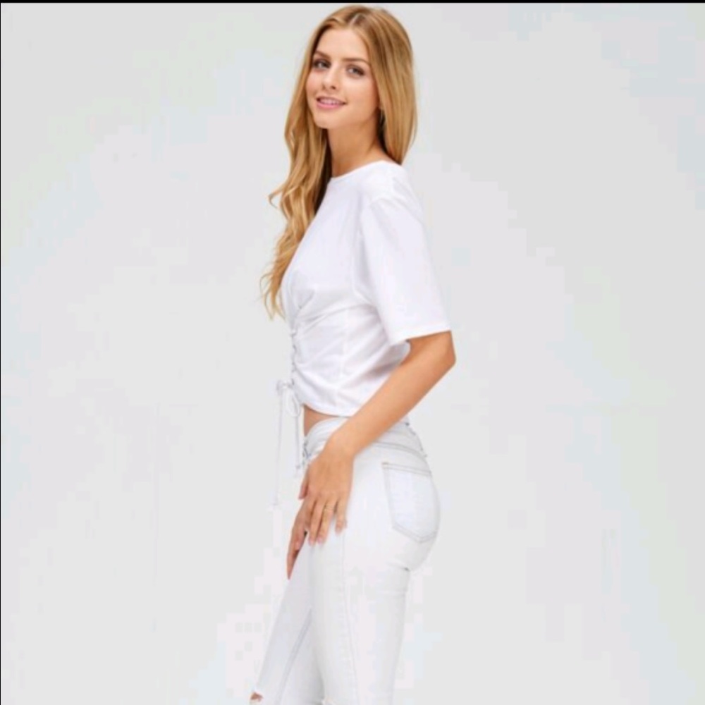 White Lace Up Crop Top - Picture 2 of 4