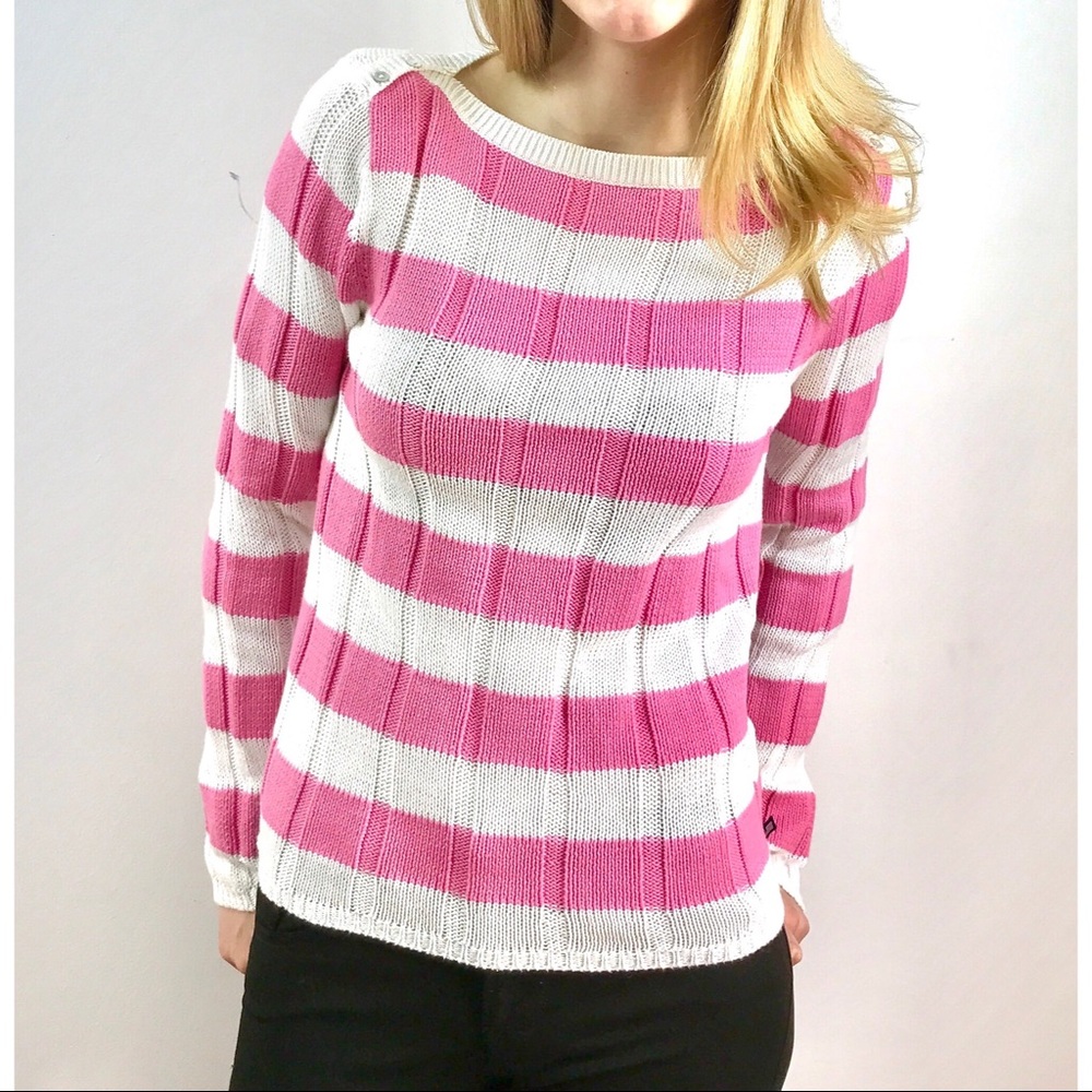 Polo Jeans Co Pink &a White Striped Knit Sweater