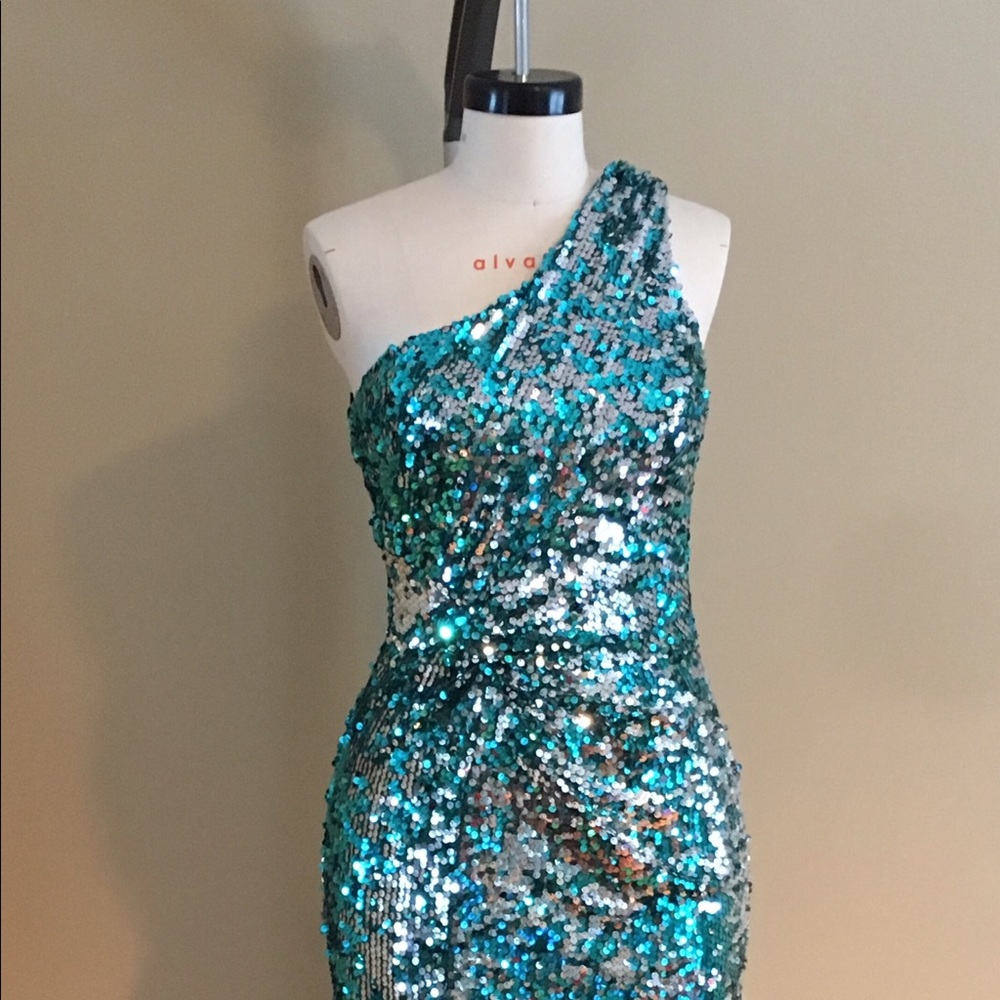 Sea Blue and Silver Sequined Bodycon Dress