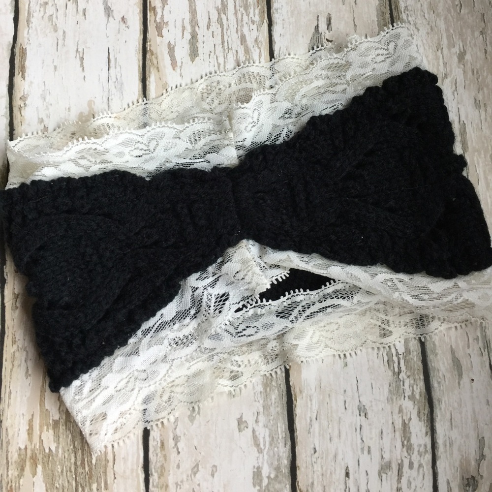 BLACK KNITTED LACE TURBAN HEADBAND SUPER CUTE