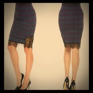 Plaid Pencil Skirt with Lace trim