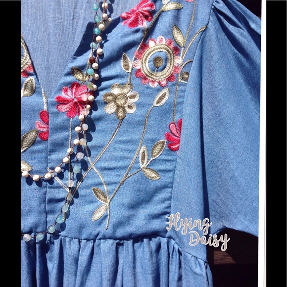 SALE Plus Size Embroidered Floral Denim Dress - Picture 3 of 4