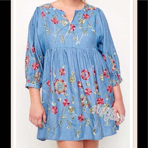 SALE Plus Size Embroidered Floral Denim Dress - Picture 2 of 4