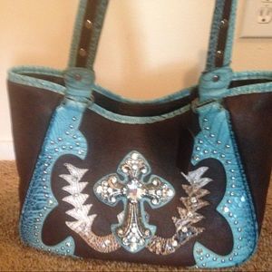 P&G purse cross design turquoise and brown