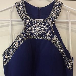 Xscape Blue Ball Gown with Beading Detail.