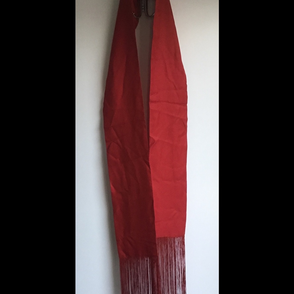 Vintage Red Silky Scarf with Fringe
