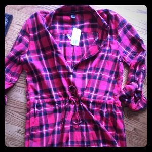 Red plaid button up dress