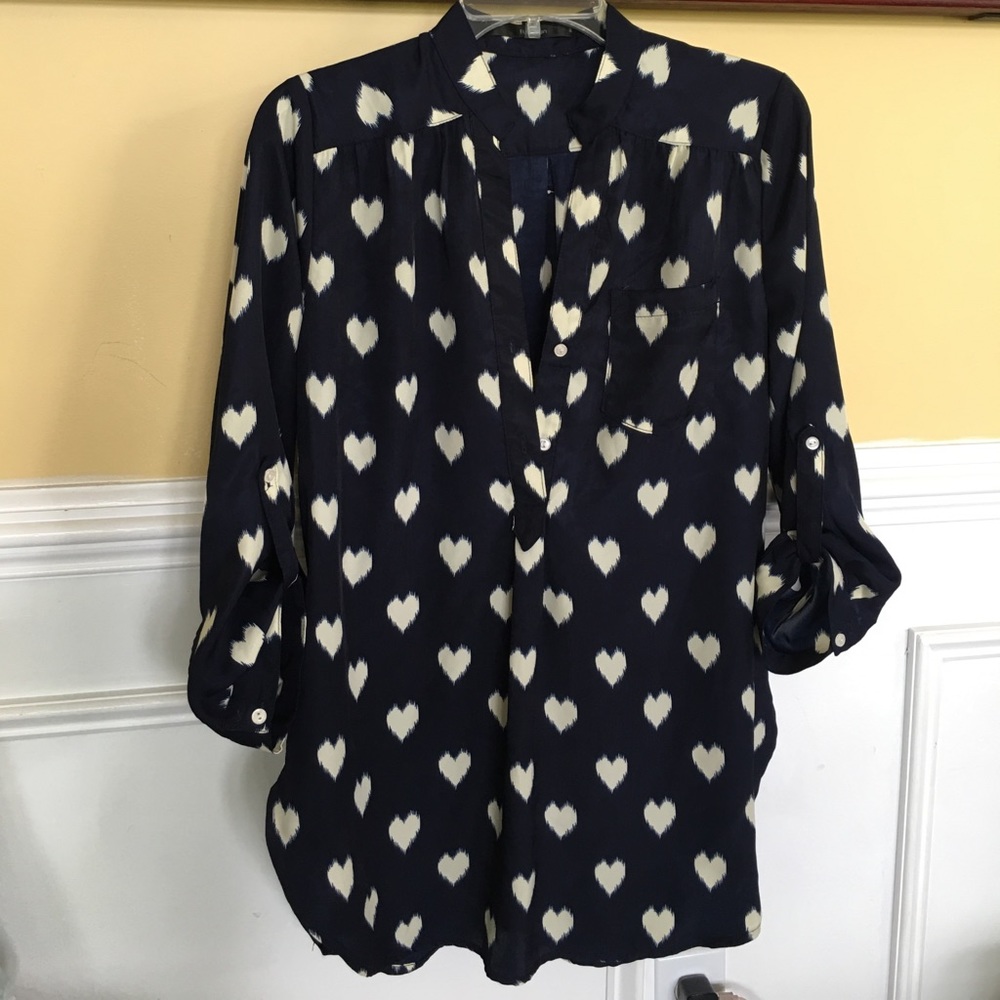 Navy Blue blouse w/Ivory hearts