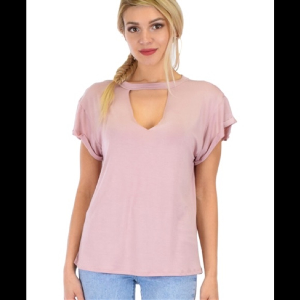 Mauve V-Neck Cuffed Sleeve Top