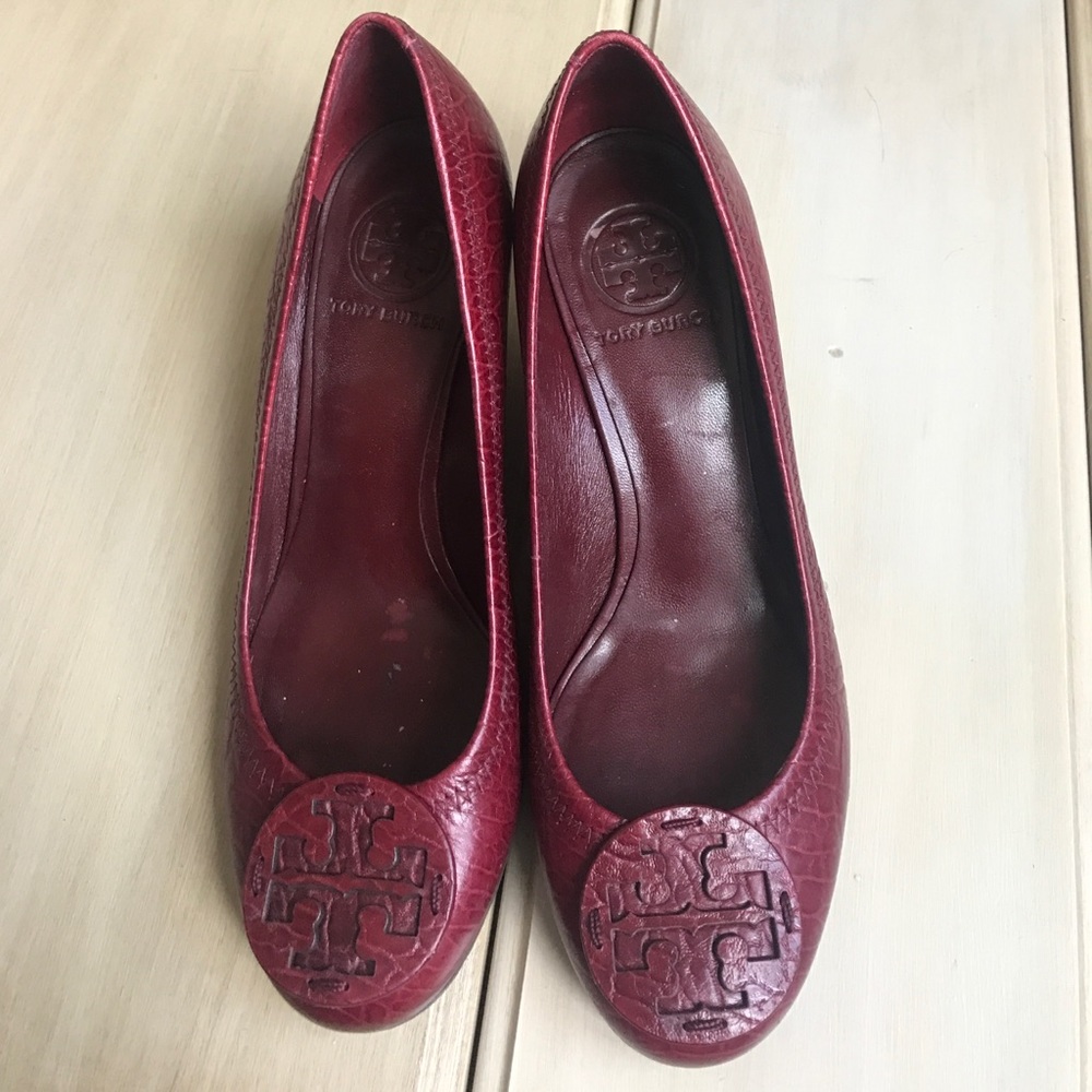 Tory Burch red snakeskin leather wedges