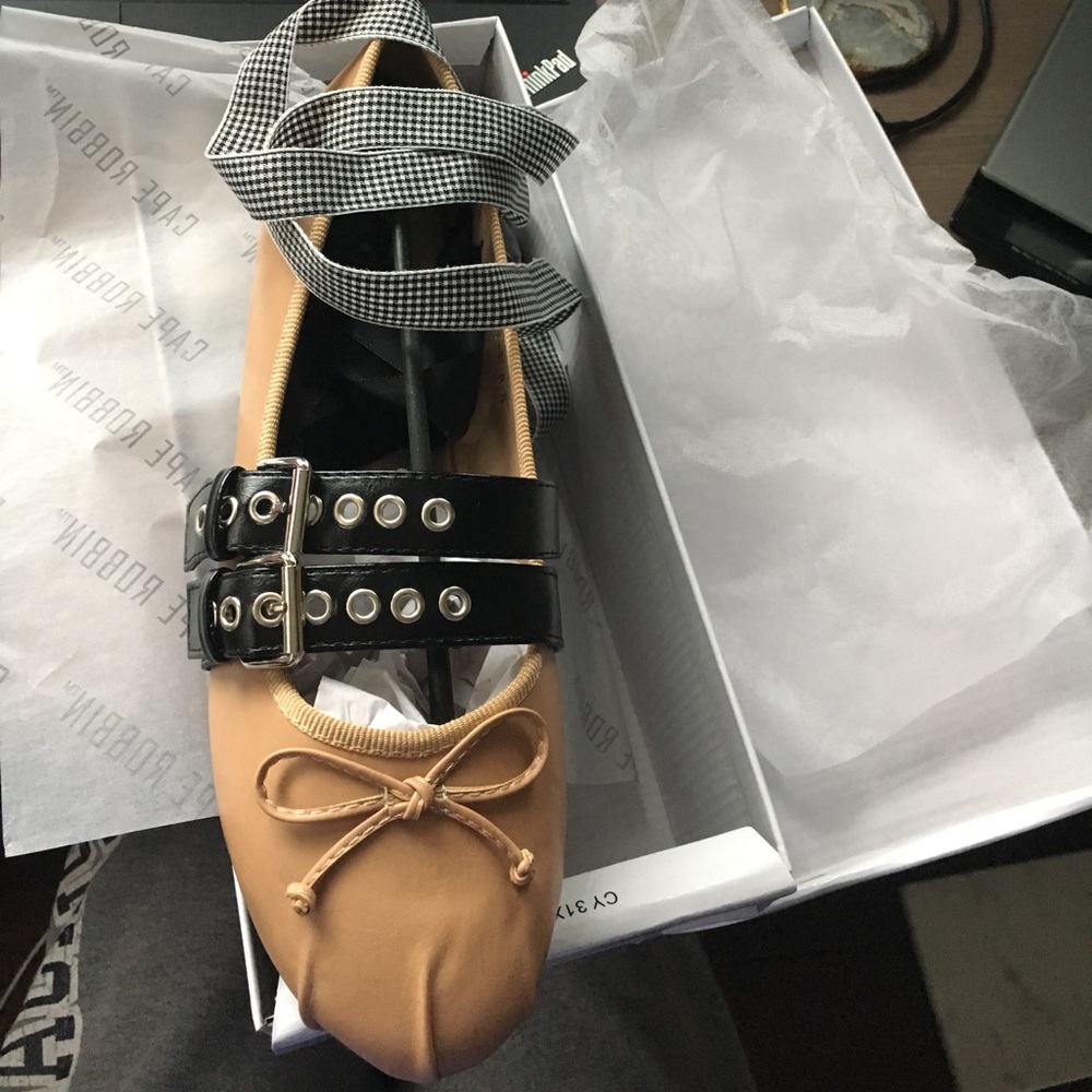 Last✨Juliet Nude Gingham Lace Up Ballet Flats - Picture 6 of 8