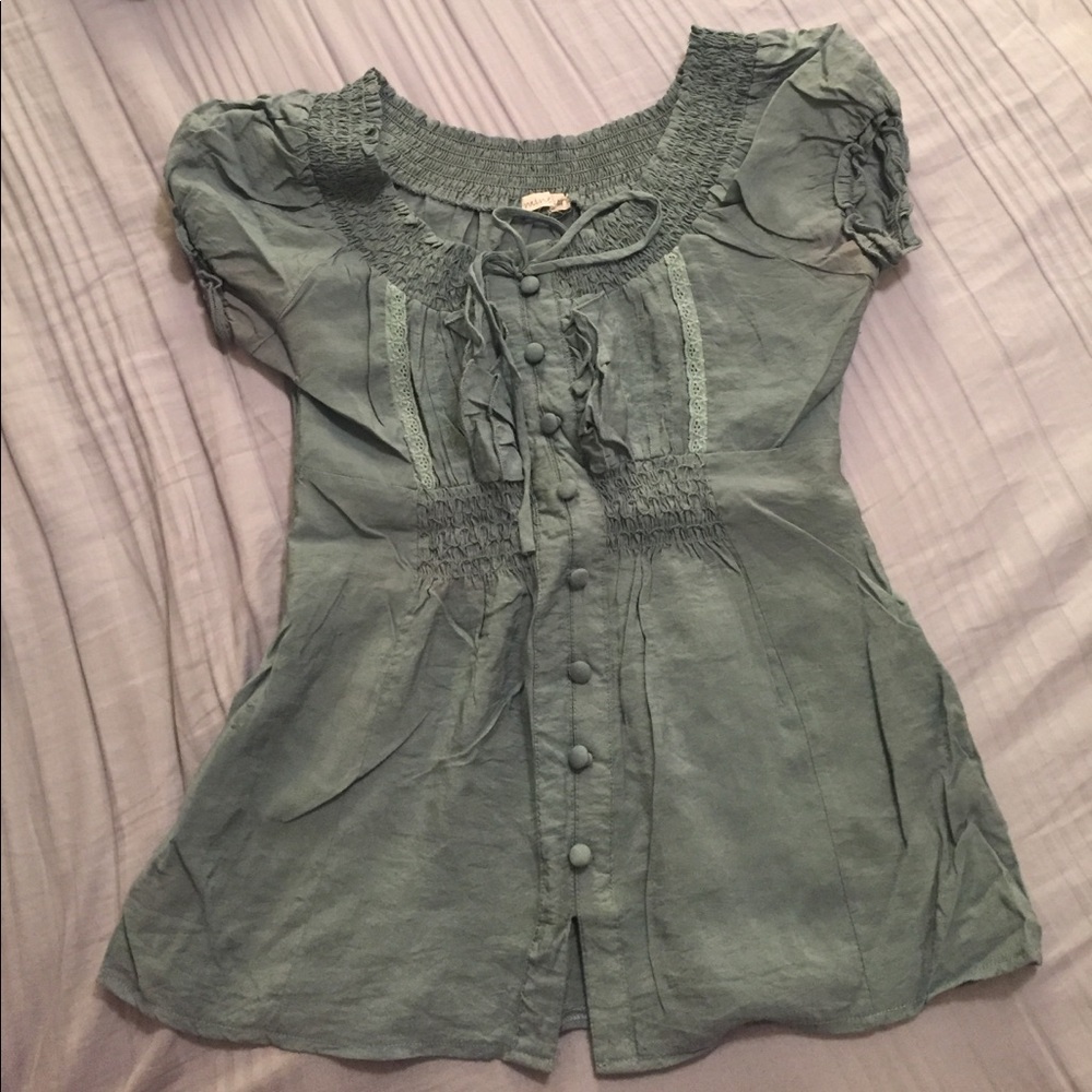 Light teal ruffle off the shoulder blouse