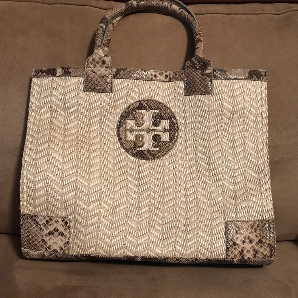 Tory Burch Snake Embossed Raffia Ella Tote