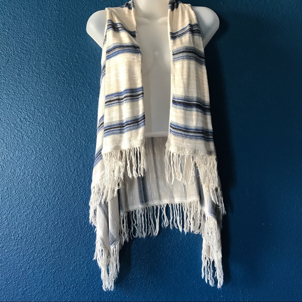 Blue and Cream Striped Vest with Fringe