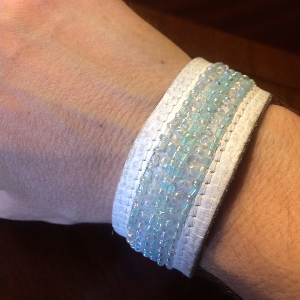 White Leather with blue beaded cuff bracelet