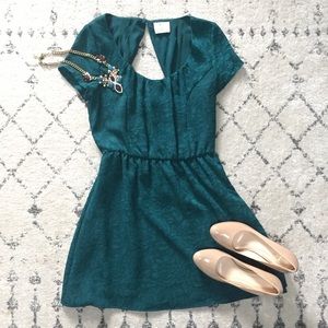 Dark green brocade dress - swing skirt, open back