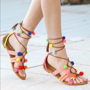 Brown Pom Pom Sandals