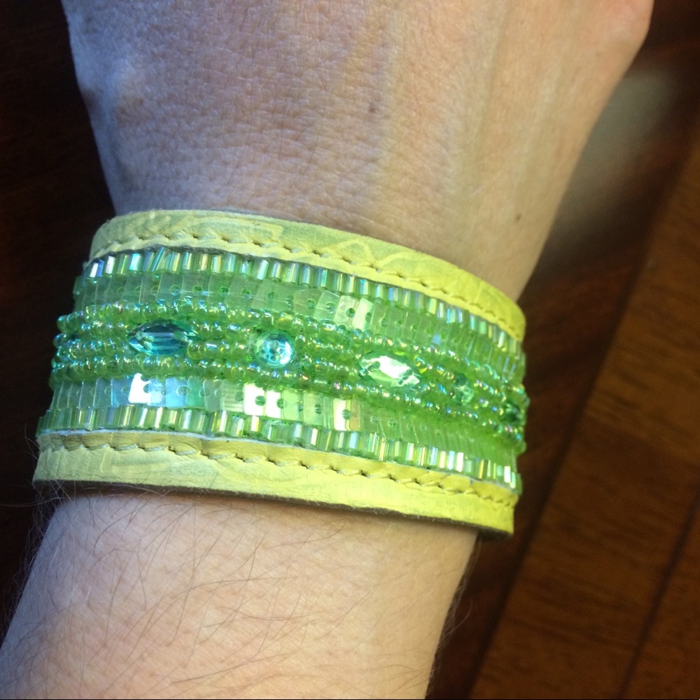 Yellow leather & green beaded cuff bracelet