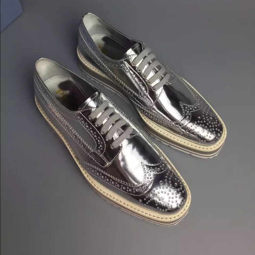Prada Metallic Leather Creeper Brogue Espadrilles