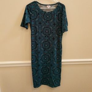 Lularoe Julia blue and mustard pattern