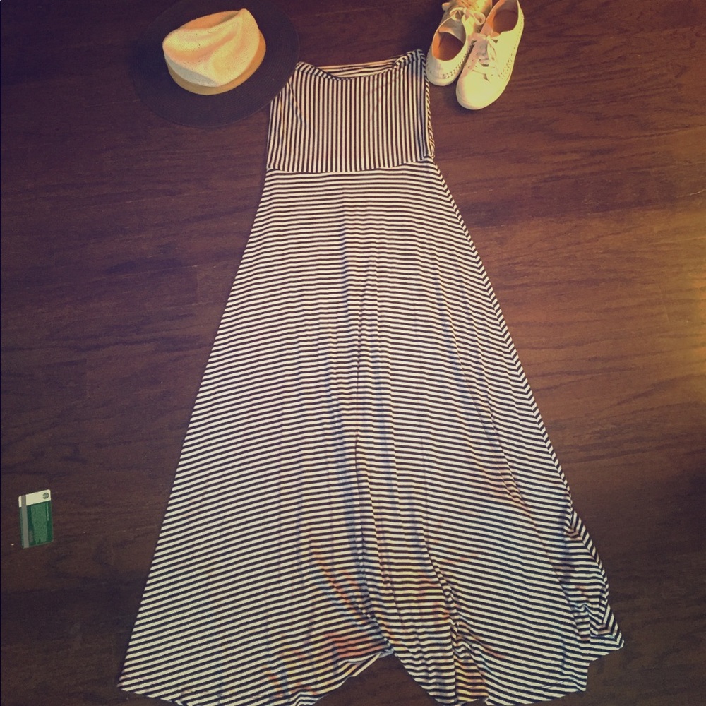 Navy and white stripes strapless Maxi