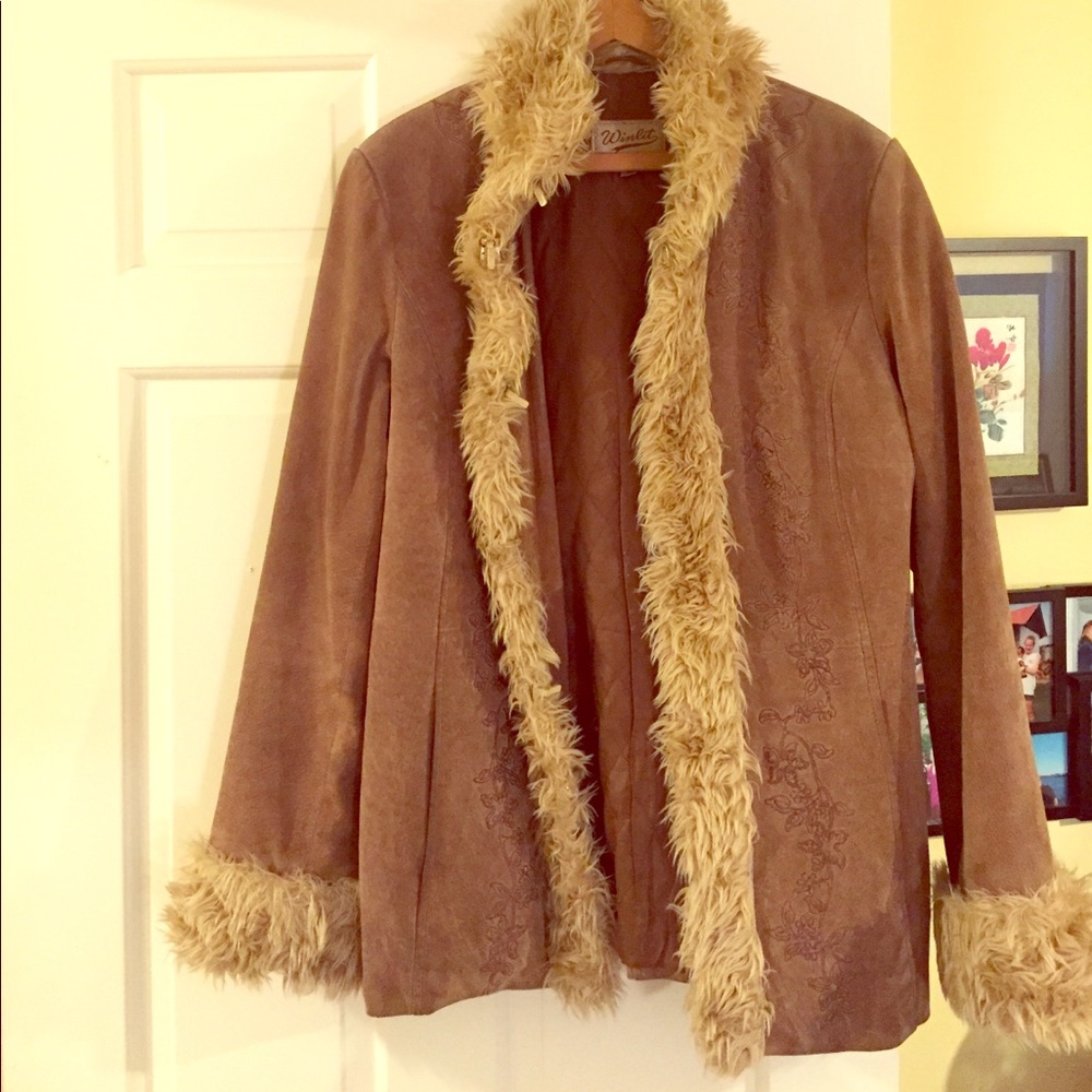 Brown leather jacket with fur trim