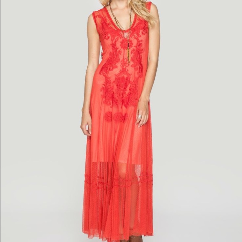 Johnny Was Biya Red Embroidered Dress