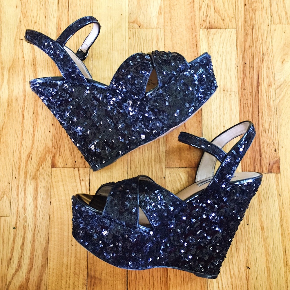 Steve Madden, black sequin platform wedge