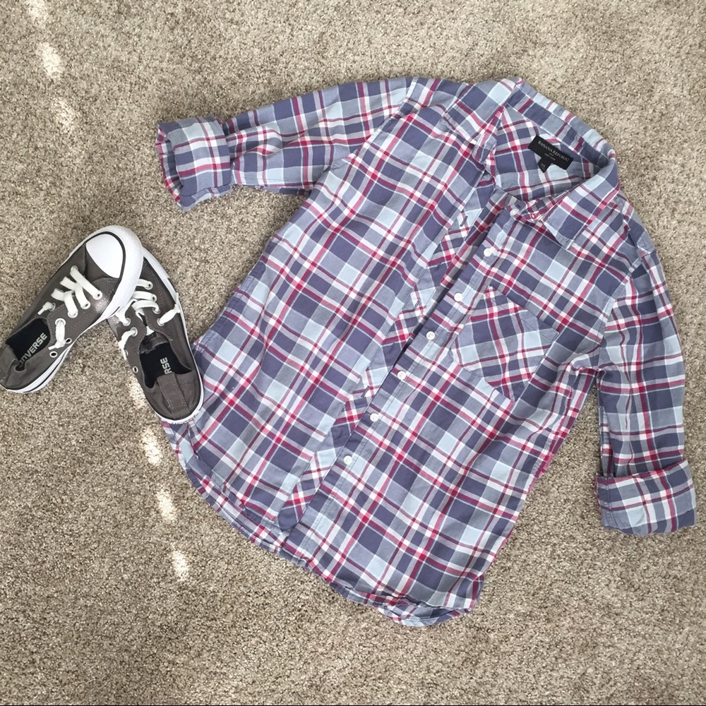 DONATING NEXT WEEK- gray/purple plaid button-up