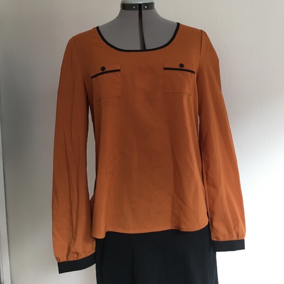Anthropologie Tops - Mine Pumpkin and Black Long Sleeve Pocketed Blouse