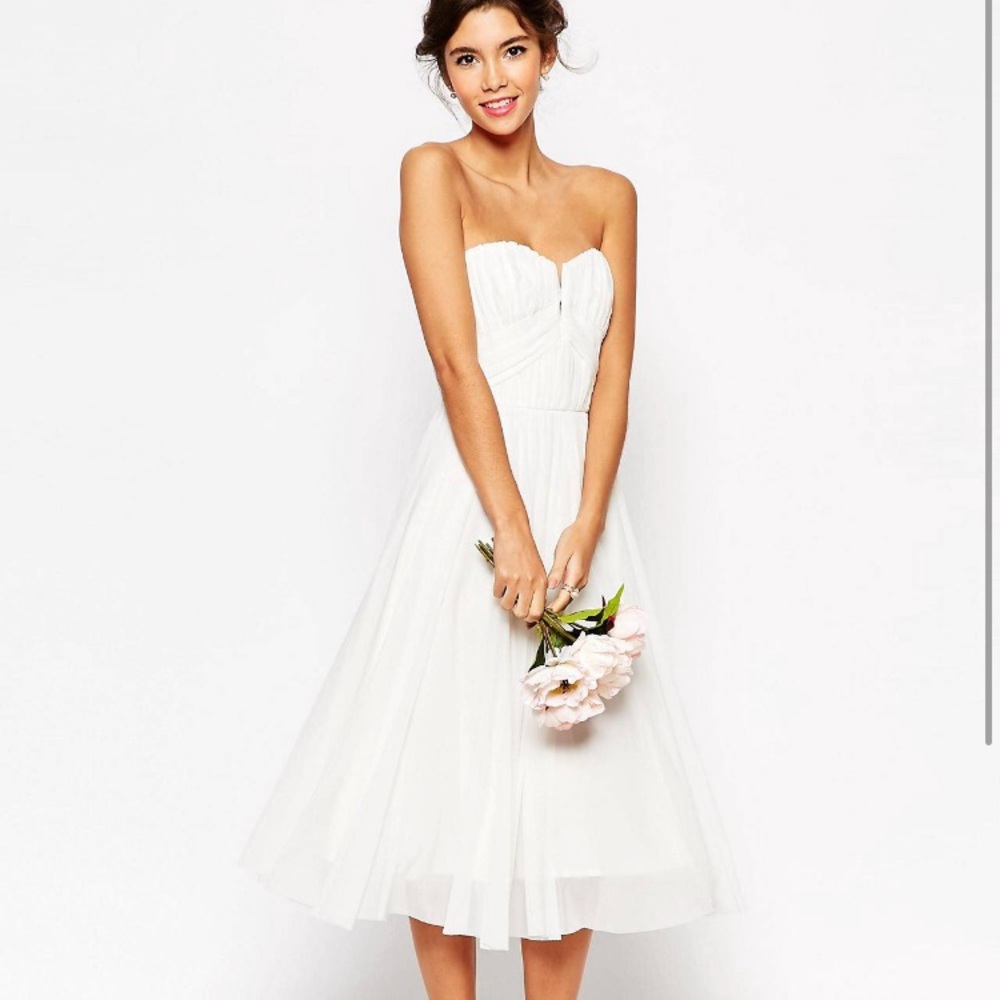 ASOS white ruched bodice bandeau midi dress