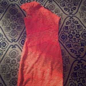 Gorgeous Coral Bebe One-Shoulder Lace Dress