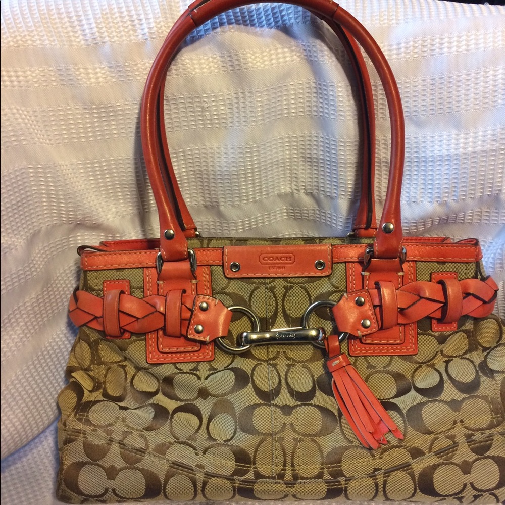 Coach Hampton signature tan & coral purse.