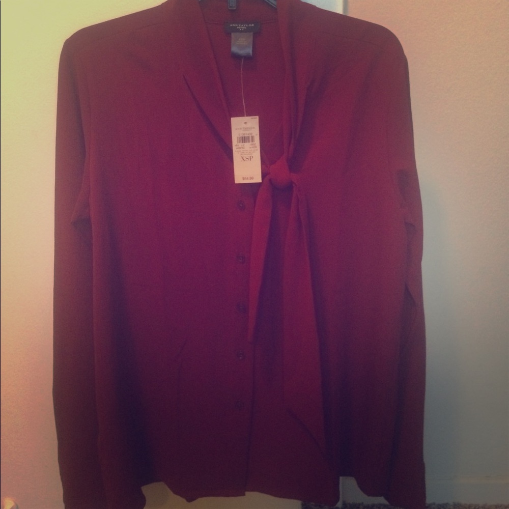 Ann Taylor Dark Red Tie Blouse NWT