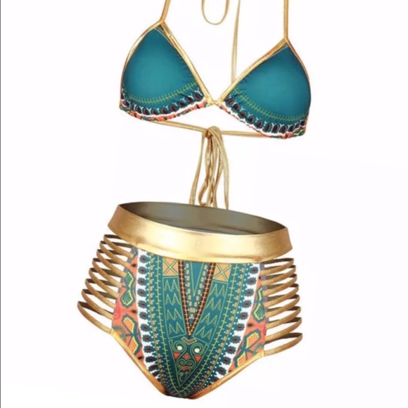 Green Dashiki Bikini Replica Gold Bikini New - Picture 2 of 4