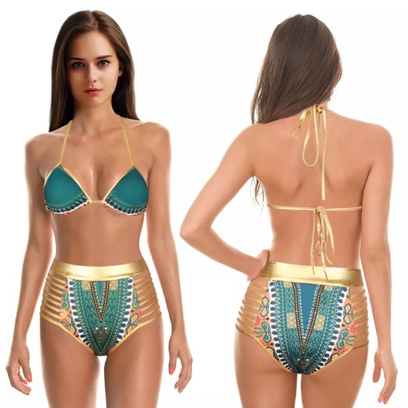 Green Dashiki Bikini Replica Gold Bikini New - Picture 3 of 4
