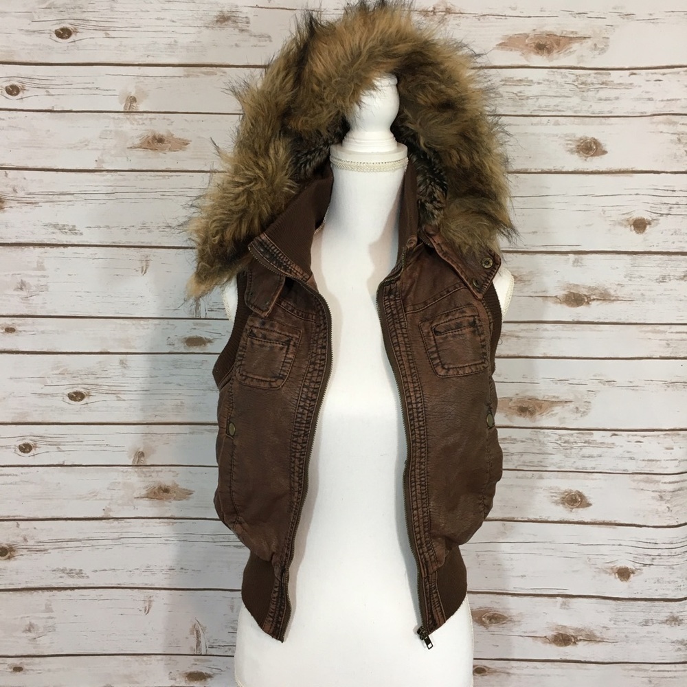 Leather and Faux Fur Hooded Vest