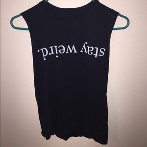 black upside down "stay weird" muscle tank