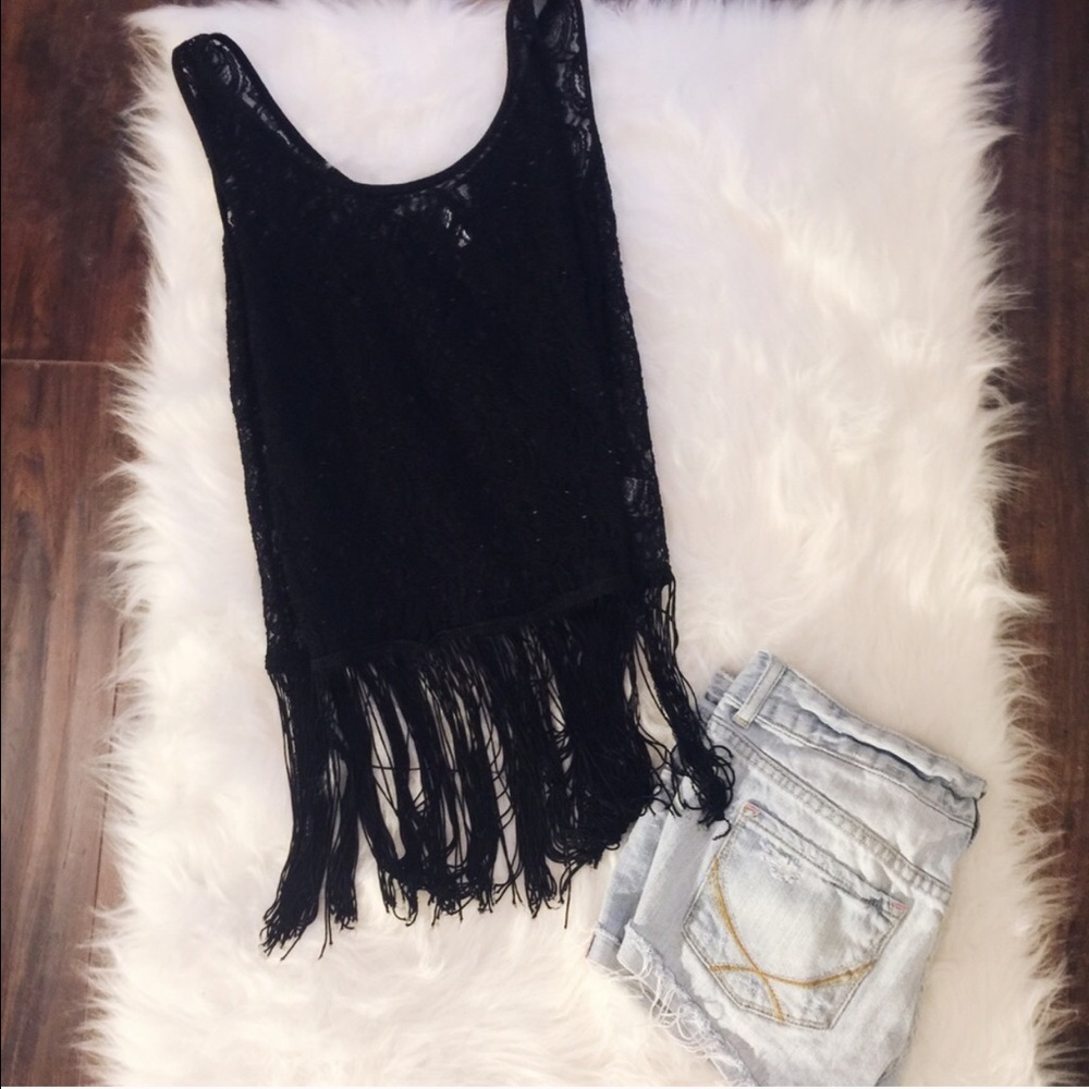 Sold // Cute, fun Black Lace Fringe Tank - Picture 1 of 2