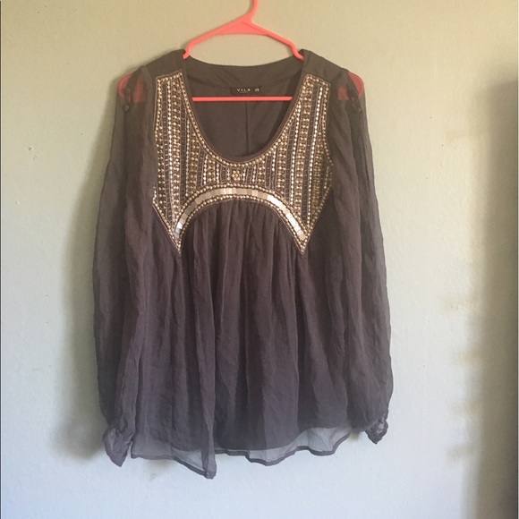 Vila xs beaded grey open sleeve long shirt blouse - Picture 1 of 3