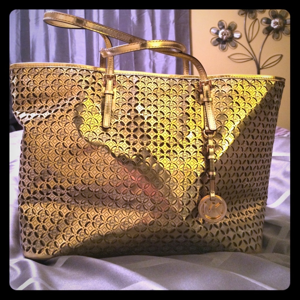 Michael Kors Flower Perforated Travel Tote Gold
