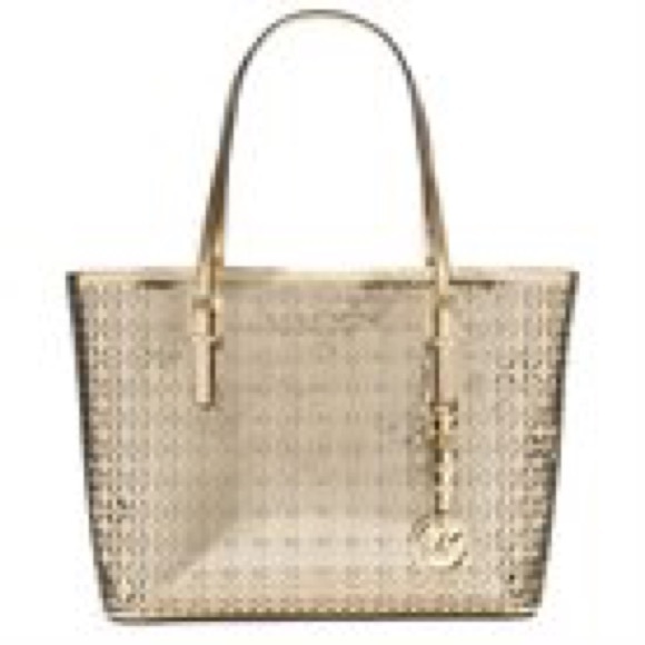 Michael Kors Flower Perforated Travel Tote Gold - Picture 5 of 5