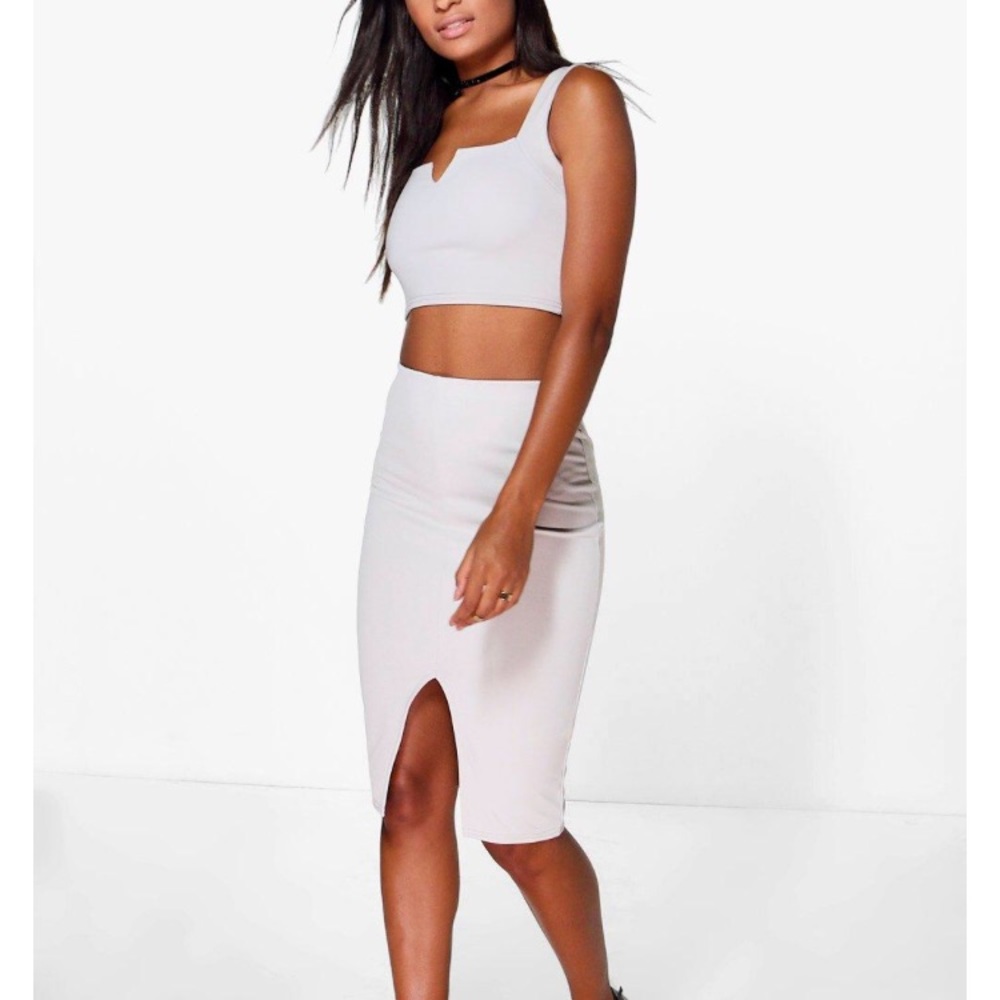 light gray crop top and midi skirt set