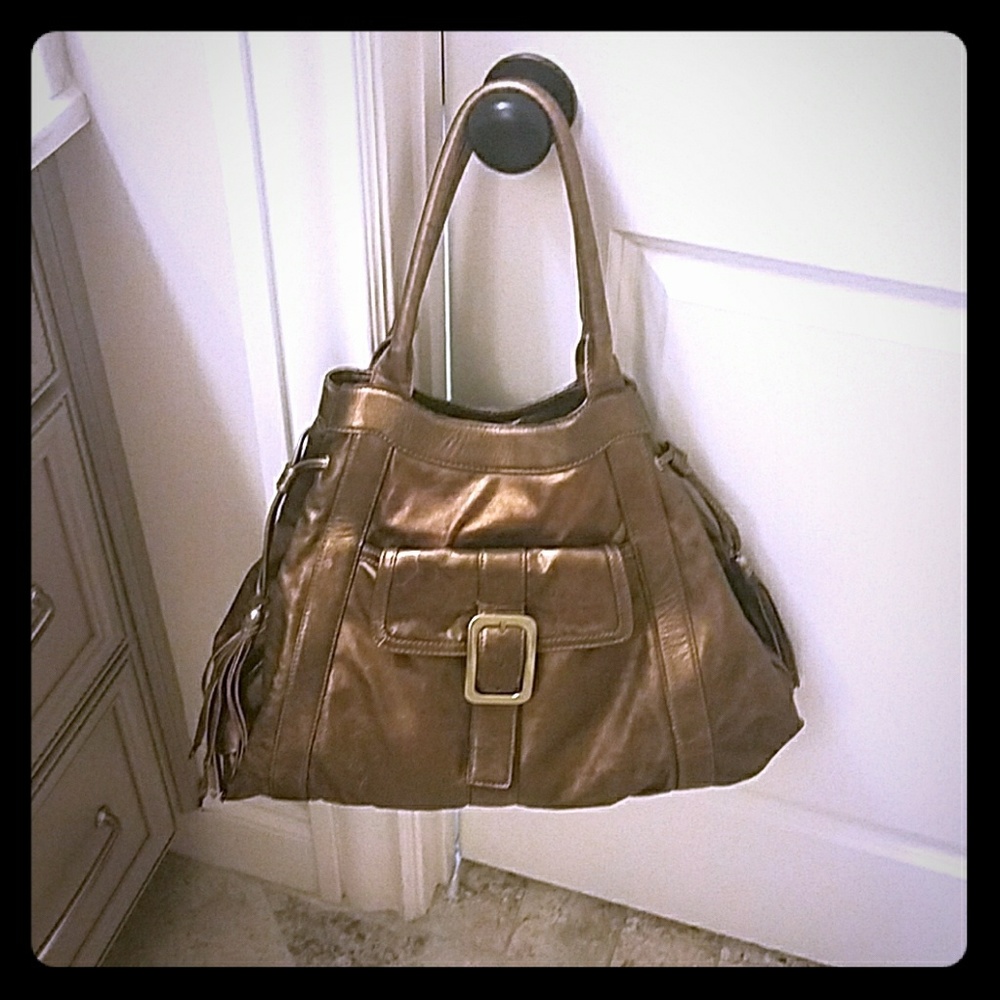 COLE HAAN LARGE GOLD LEATHER SHOULDER HANDBAG