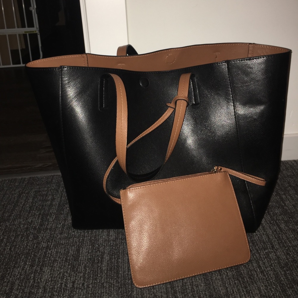 Reversible Faux Leather Tote with Removable Pouch