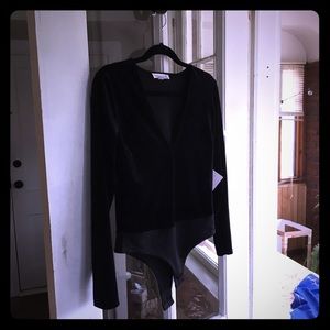 Goth glam deep V black velvet bodysuit leotard