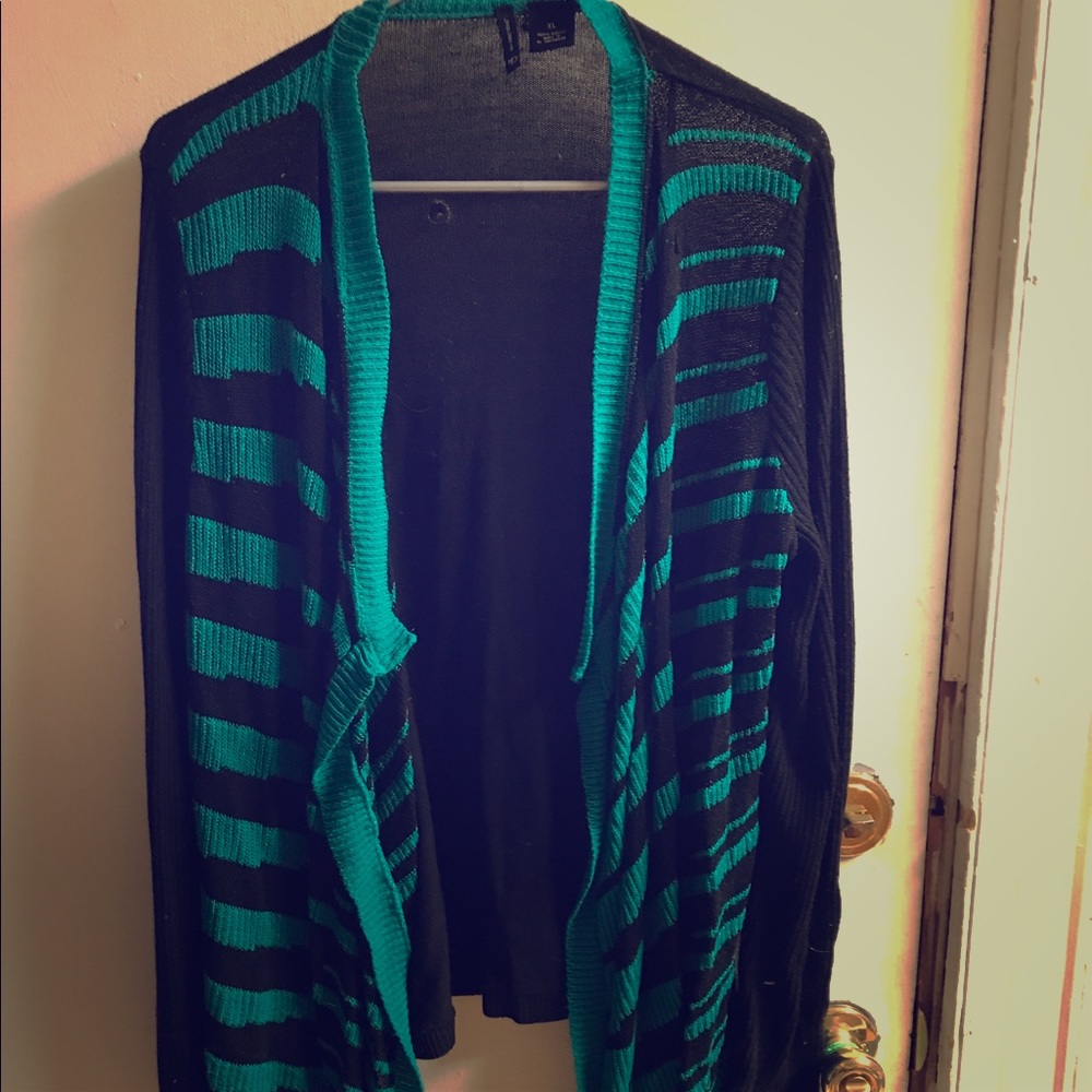 Black shurg sweater with blue zebra stripes