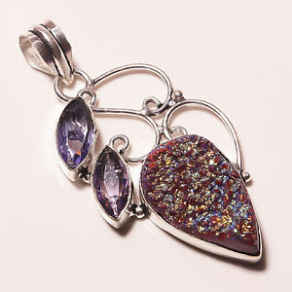 Stainless Steel Irredescent Druzy/Amethyst Pendant