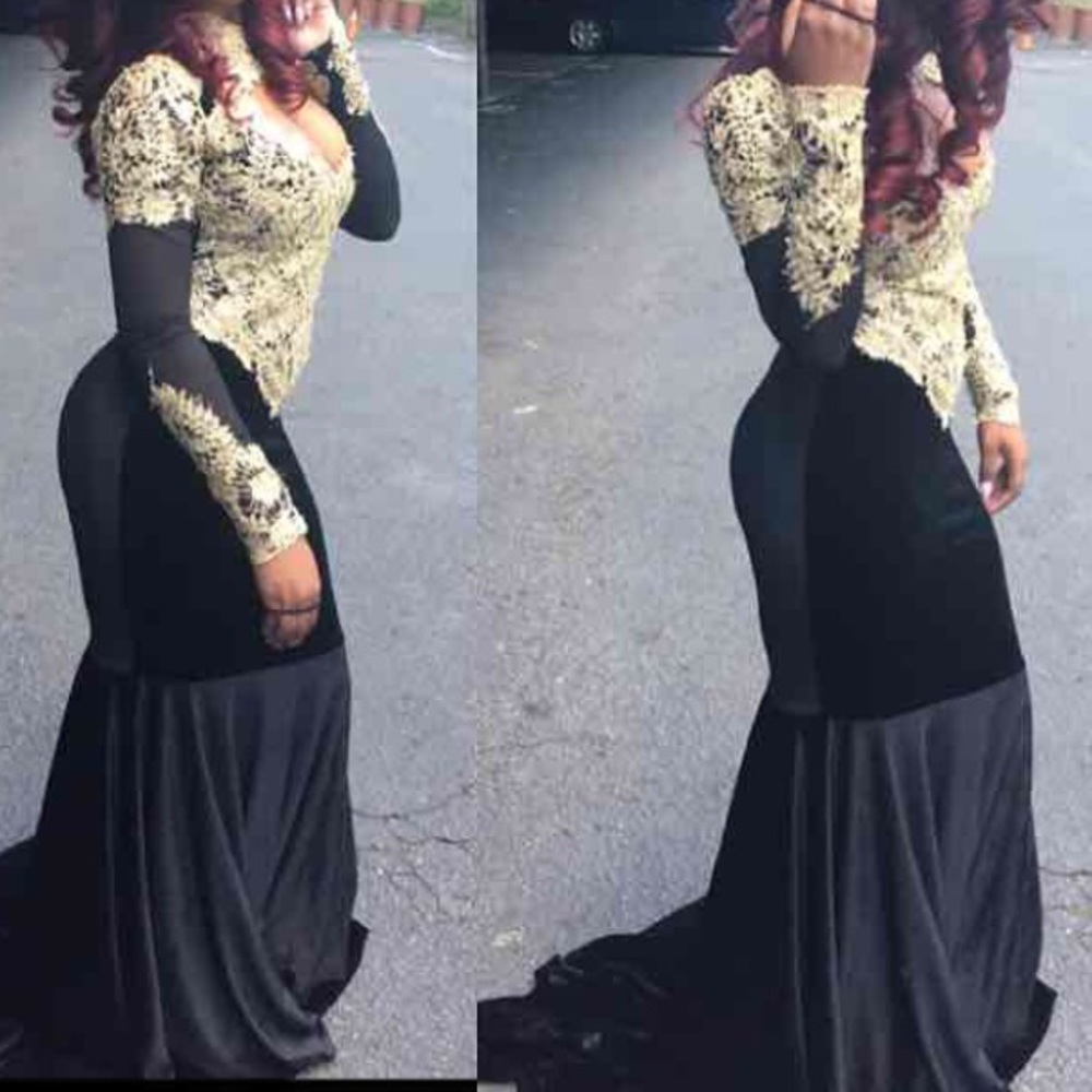 Black and gold lace prom dress