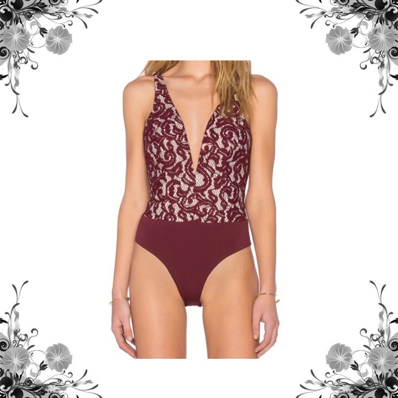 {Bardot} Wine Red Lace Julia Deep-V Bodysuit - Picture 5 of 7